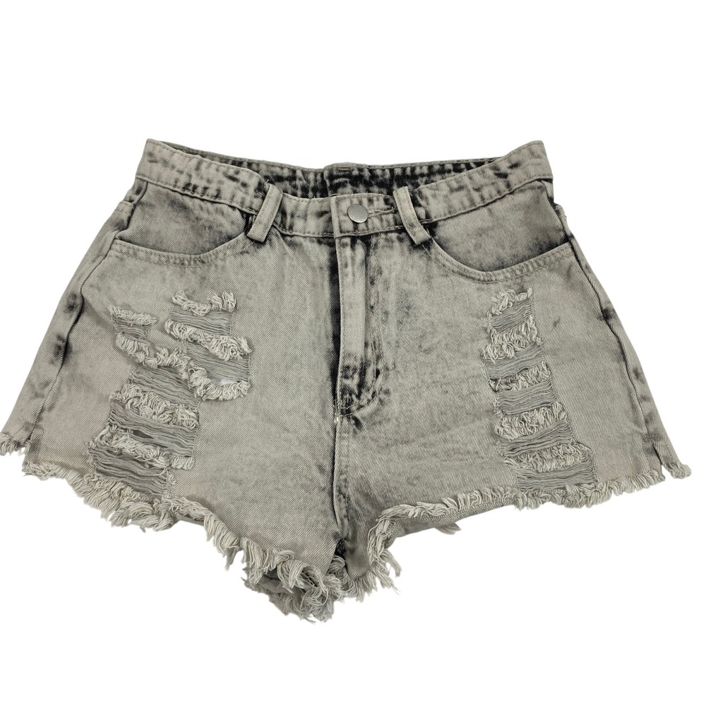 Linen Rose Denim Shorts Womens S Gray Acid Wash Distress High Rise Grunge Frayed